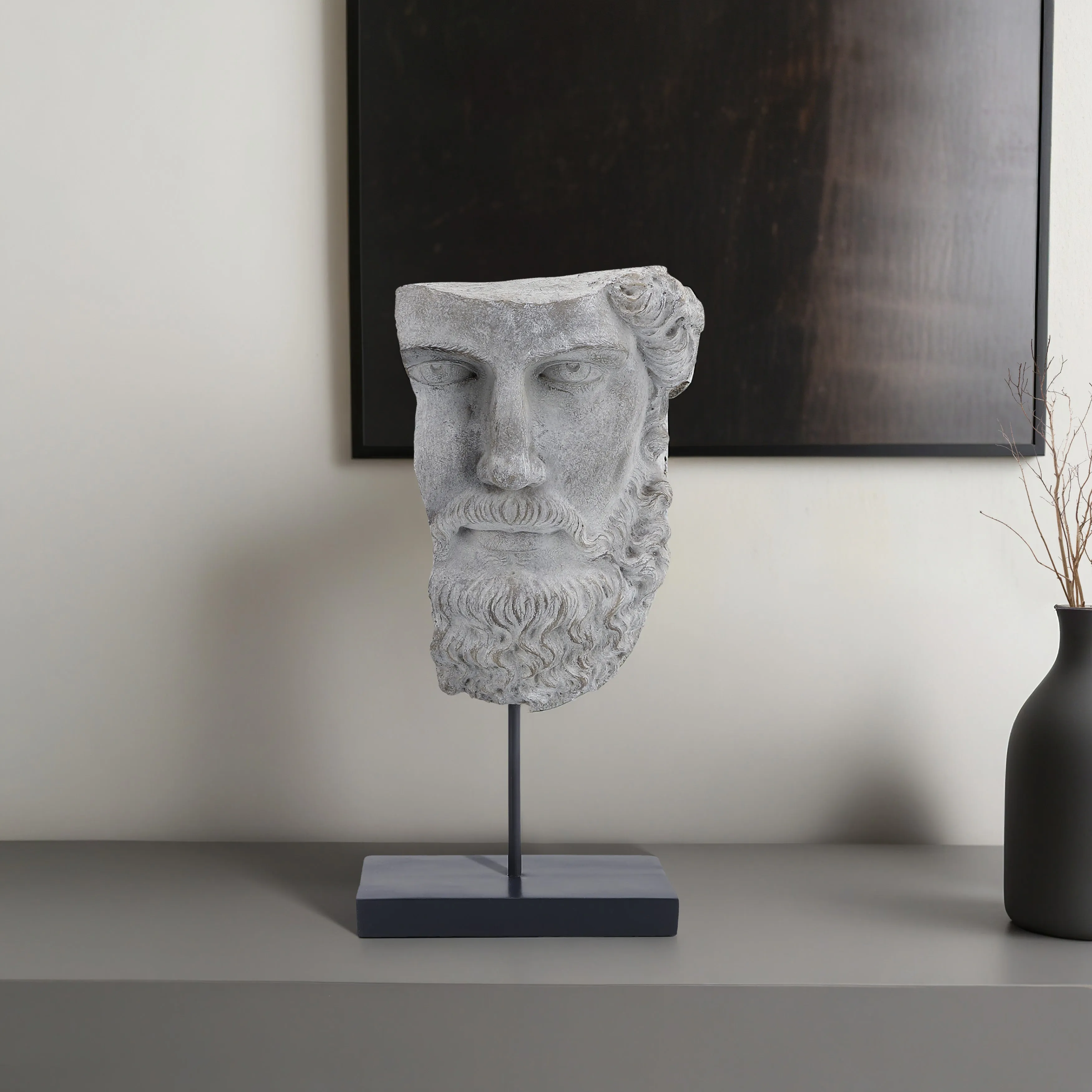 RESIN, 18"H HALF FACE ON STAND, GRAY
