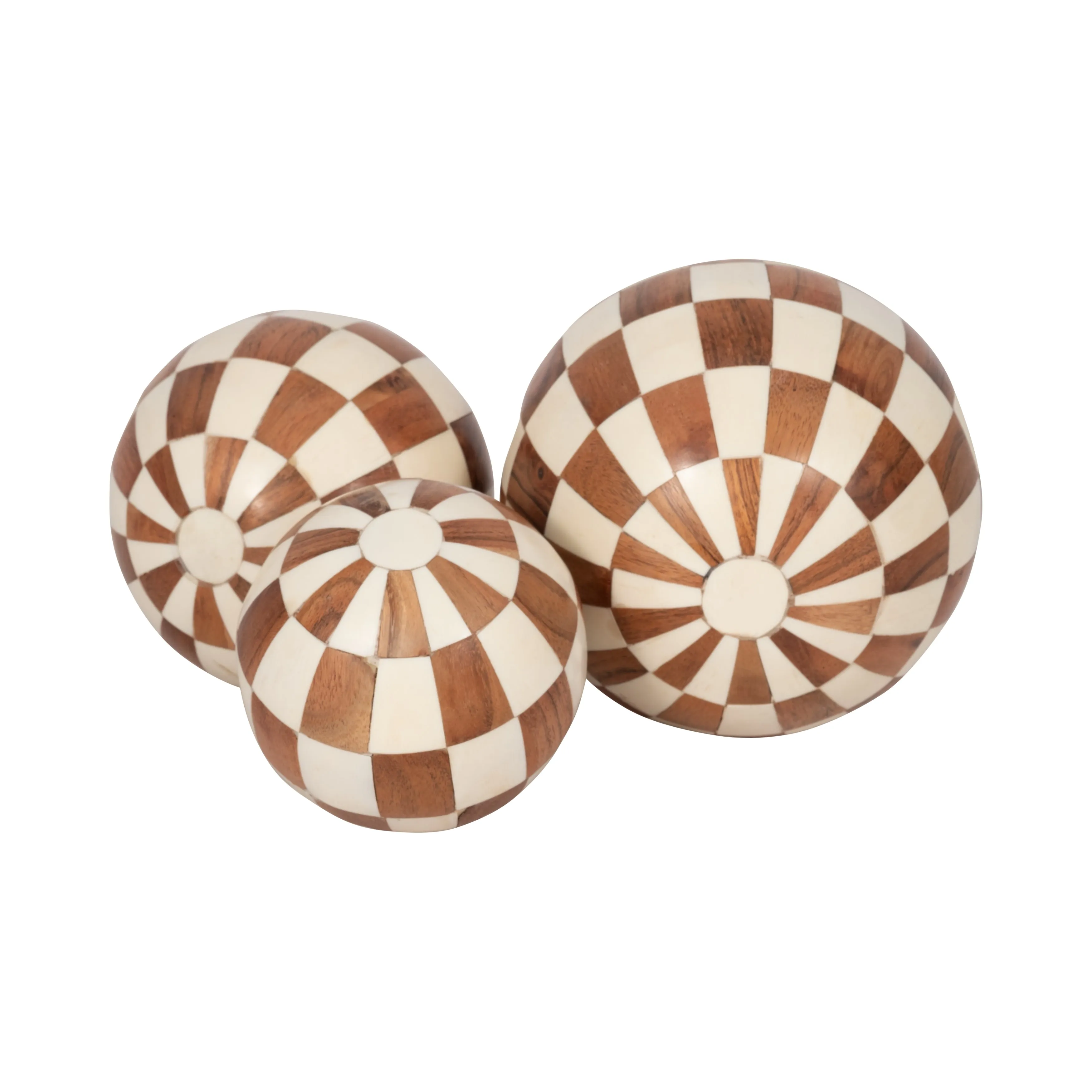 RESIN, S/3 4/5/6" CHECKERED ORBS, IVORY/NATURAL