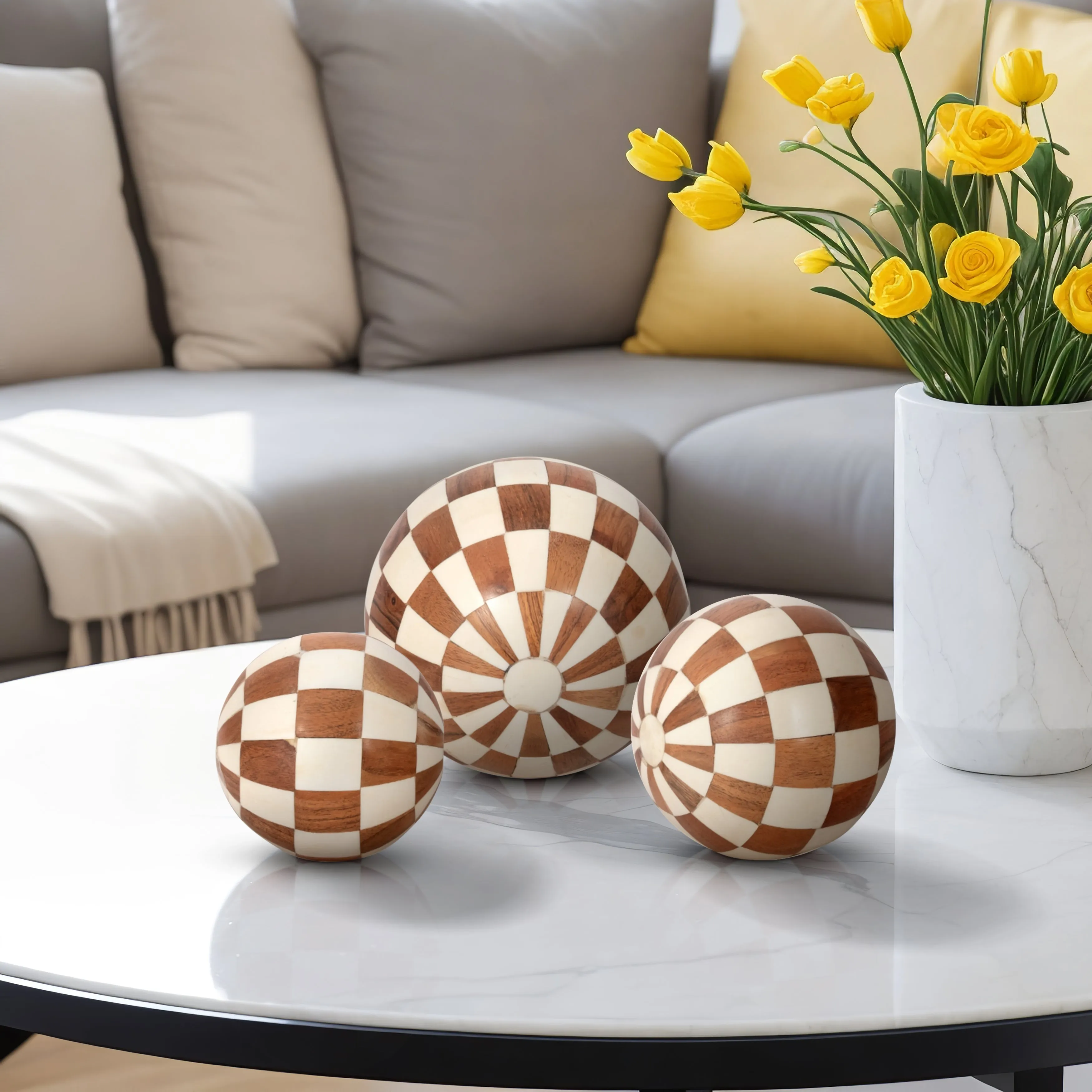 RESIN, S/3 4/5/6" CHECKERED ORBS, IVORY/NATURAL