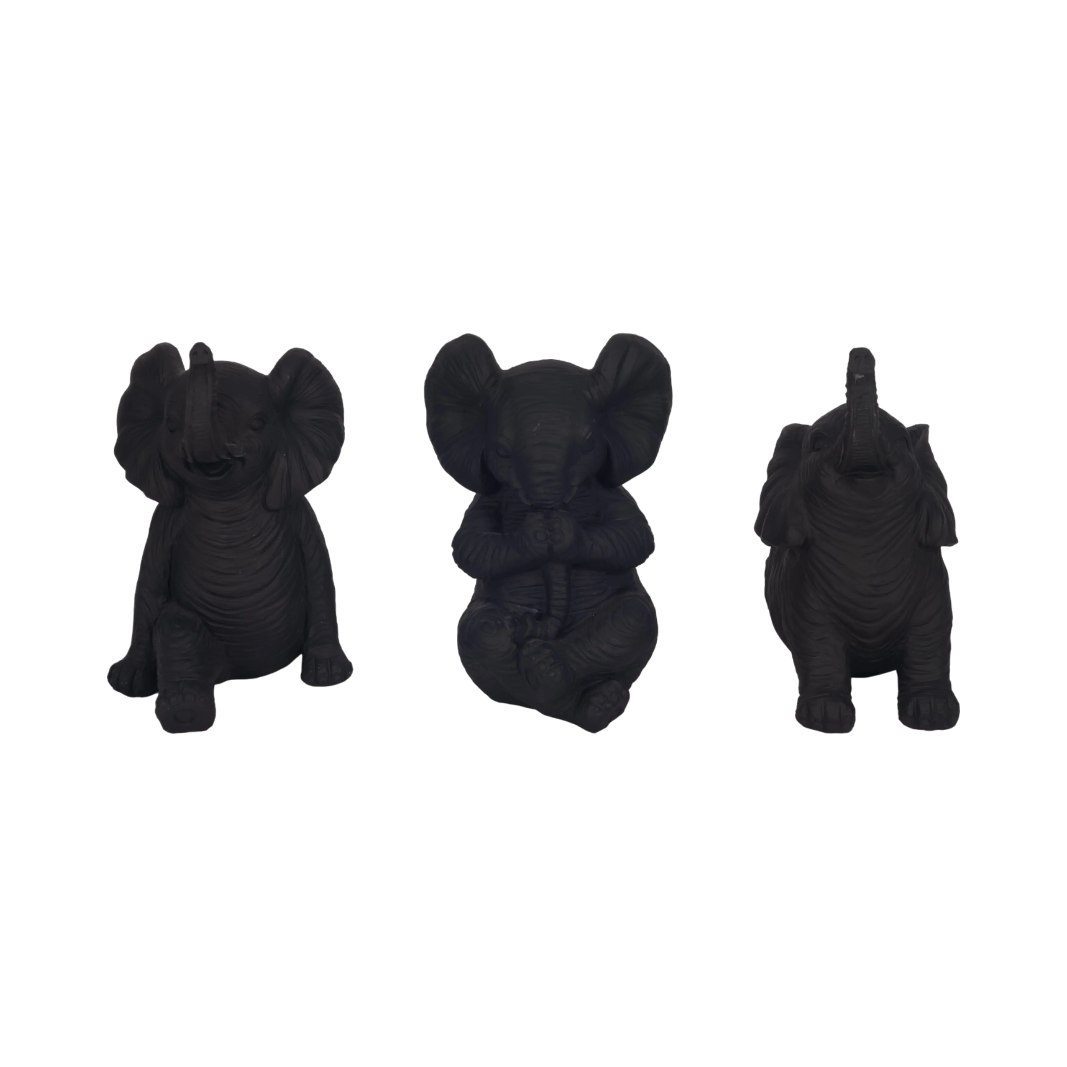 RESIN S/3 6" STONE LOOK YOGA ELEPHANT, ANTIQUE BLK