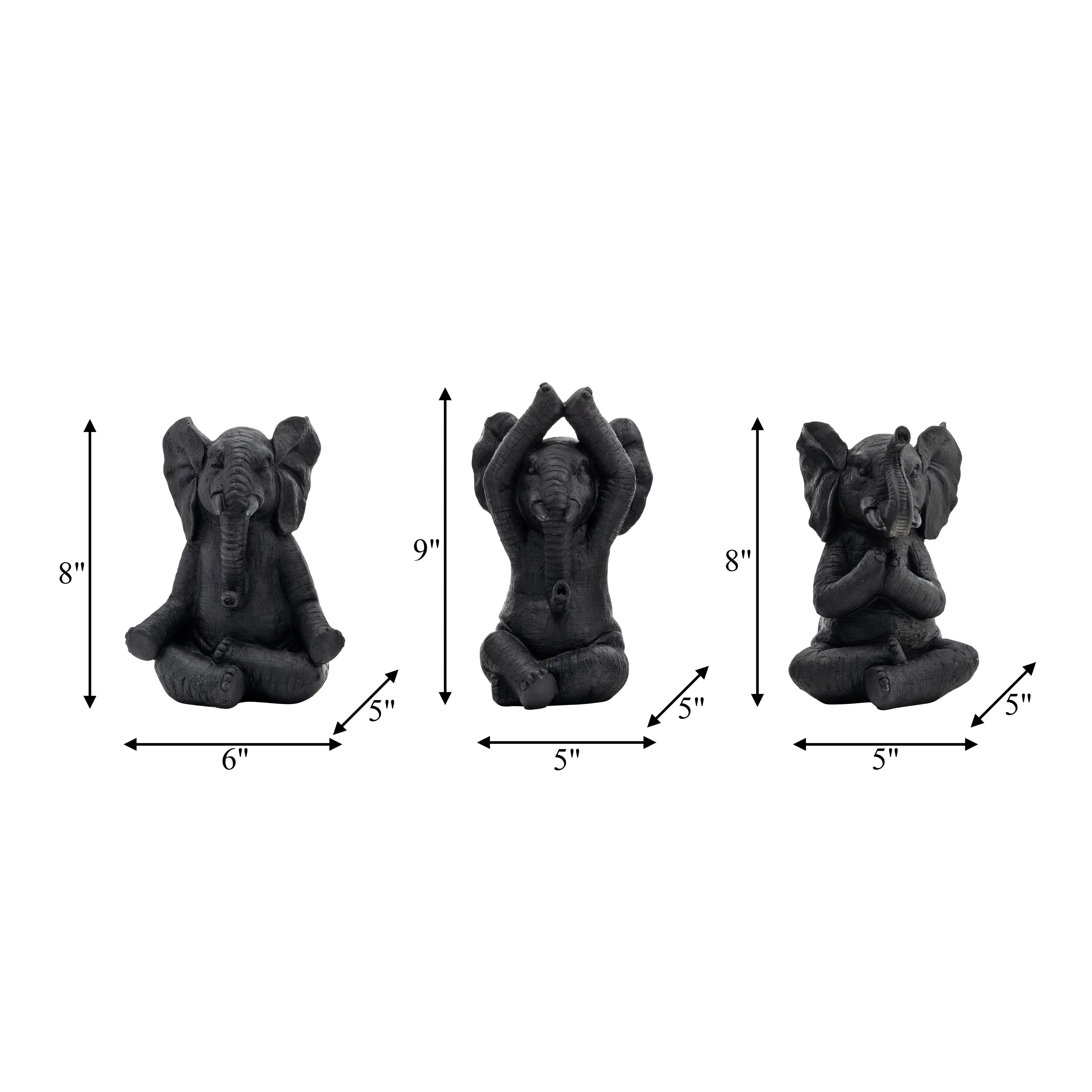 RESIN, S/3, 8"H, YOGA ELEPHANTS, BLK