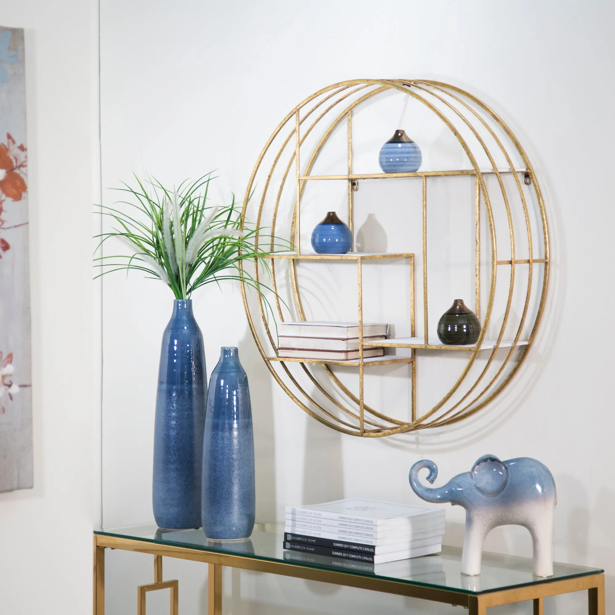ROUND 31.5" WOOD/METAL WALL SHELF, WHITE WASH