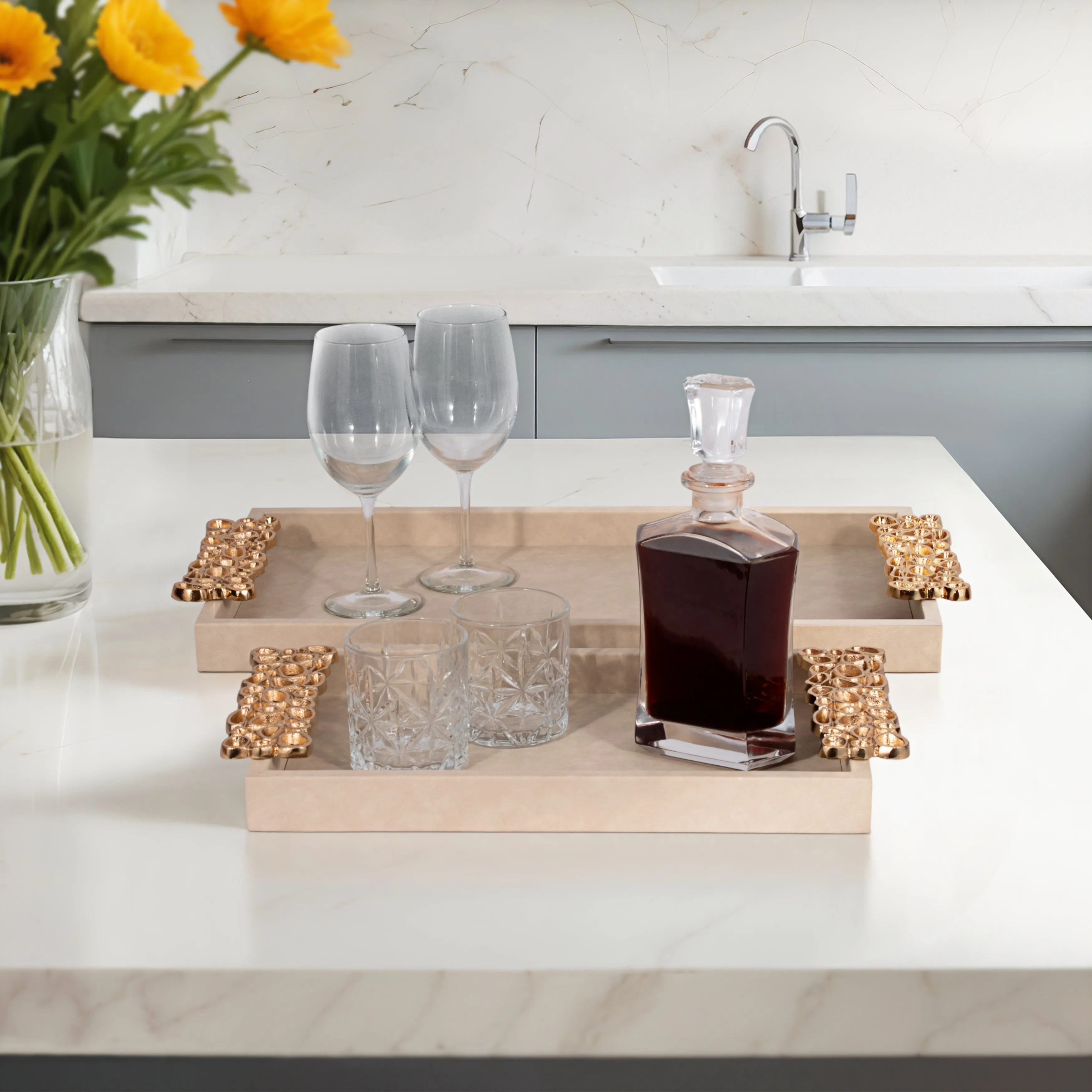 S/2 16/22" Trays With Gold Open Cut-out Handles, I