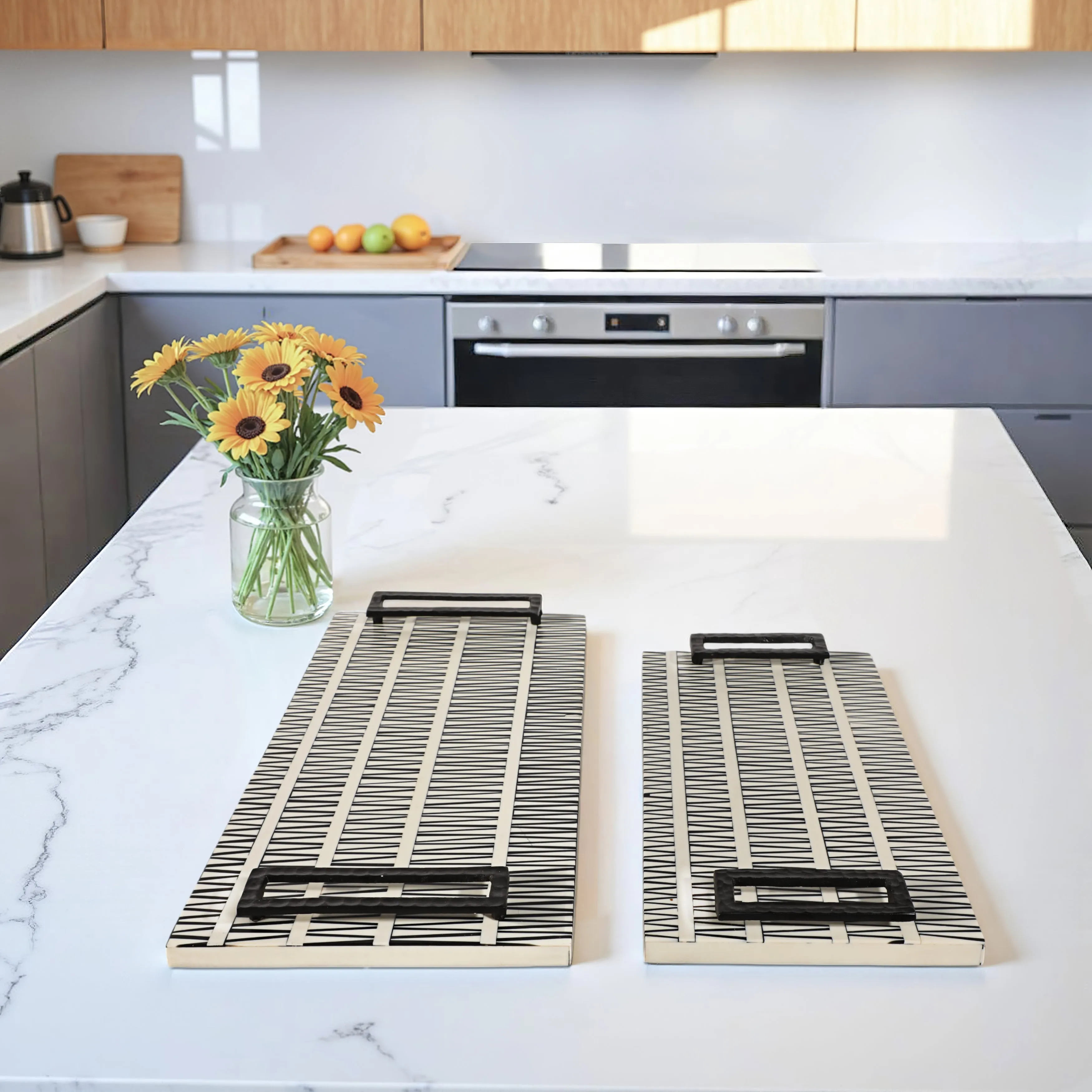 S/2 18/22" Gobiel Black & White Resin Trays