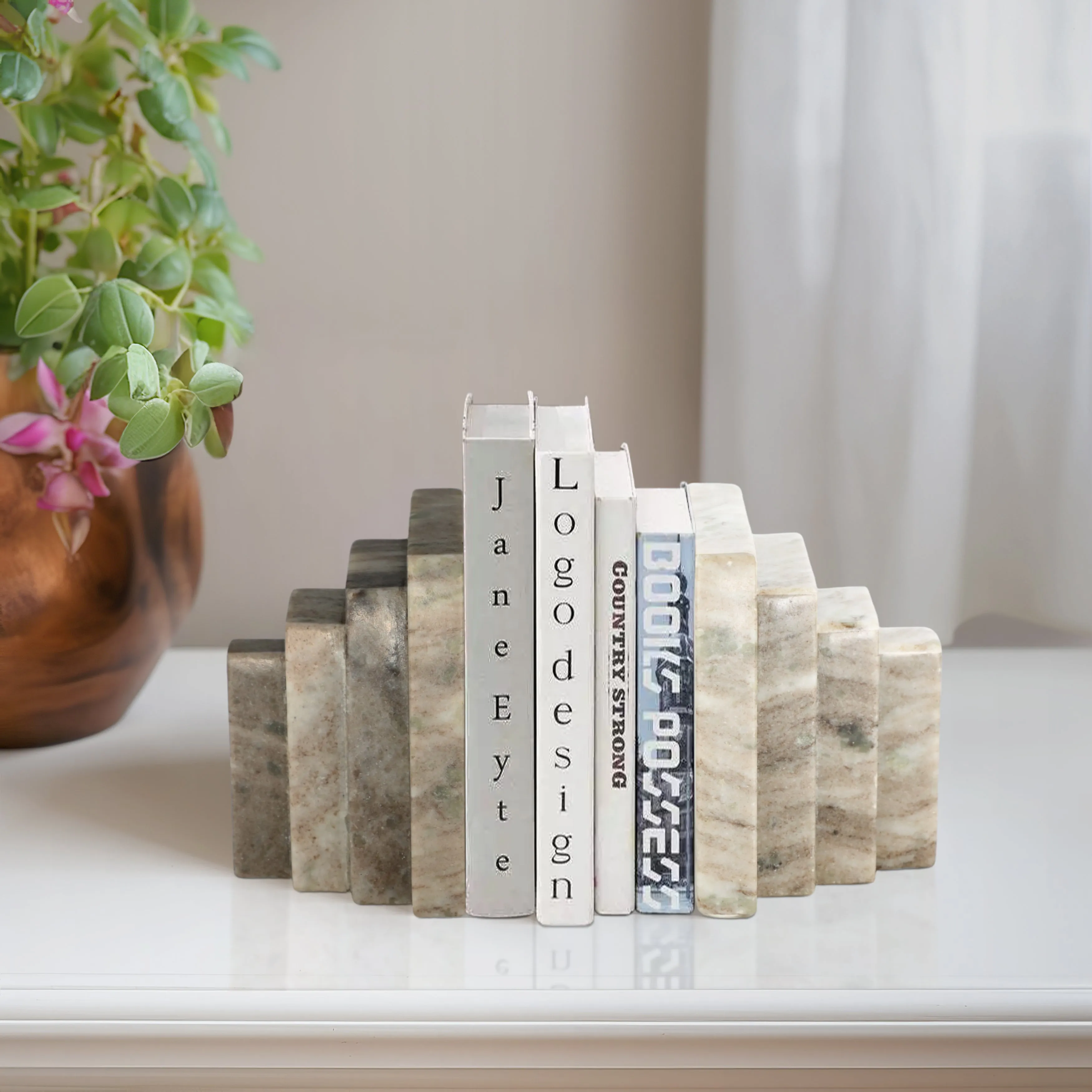 S/2 5" Onyx Marble Block Bookends, Tan
