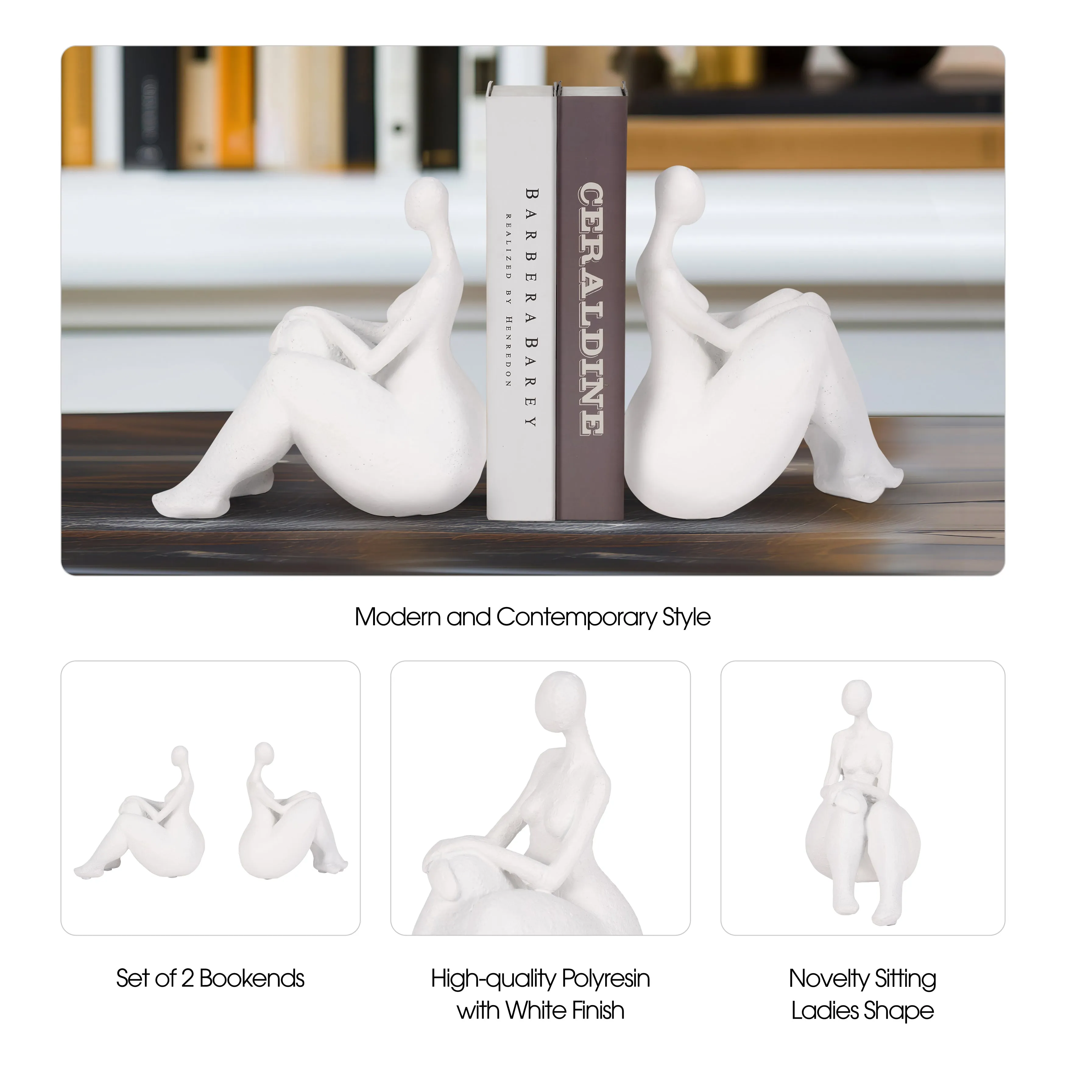 S/2 Sitting Ladies Bookends, White