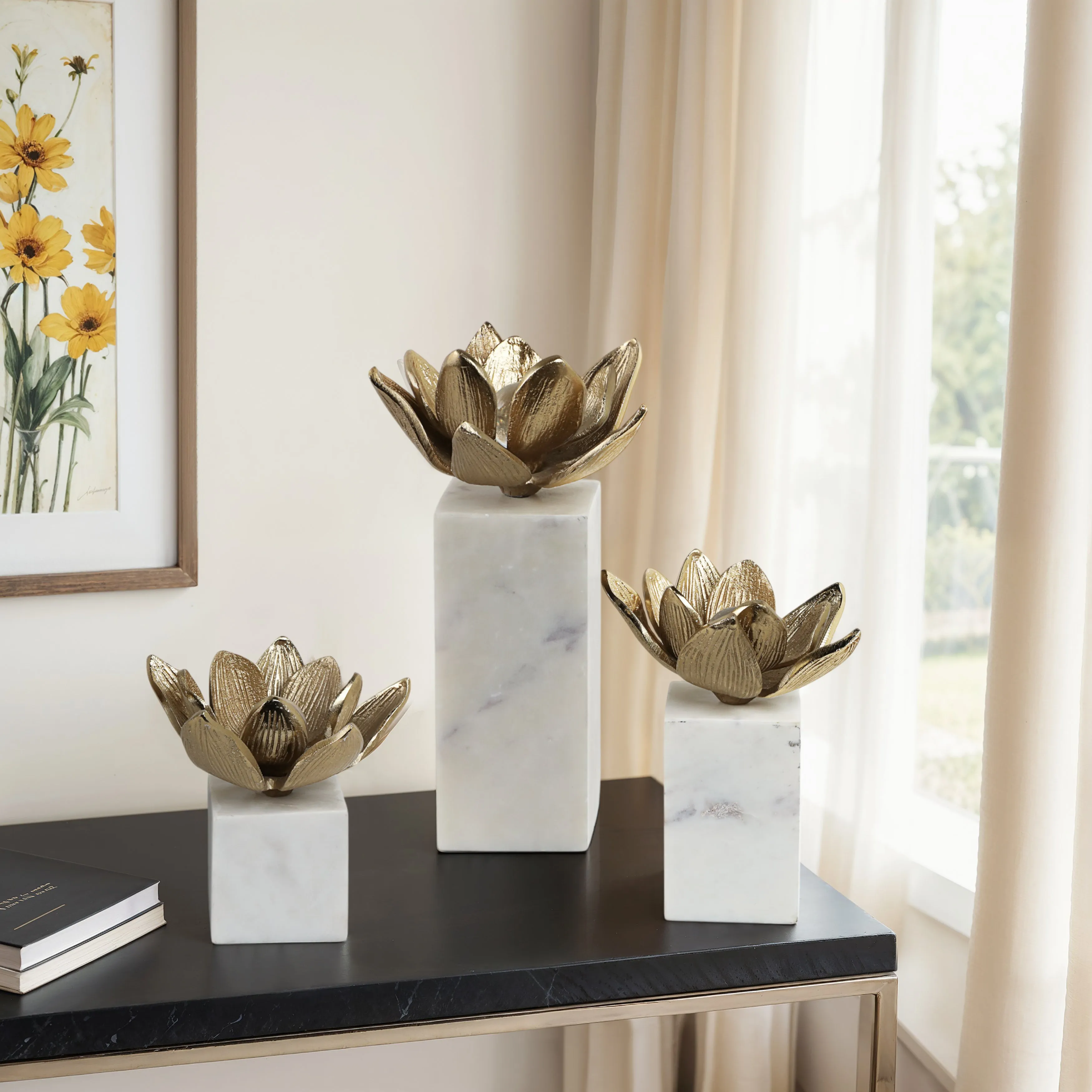 S/3 6/7/10" Darby Champagne Flower Statuary With M