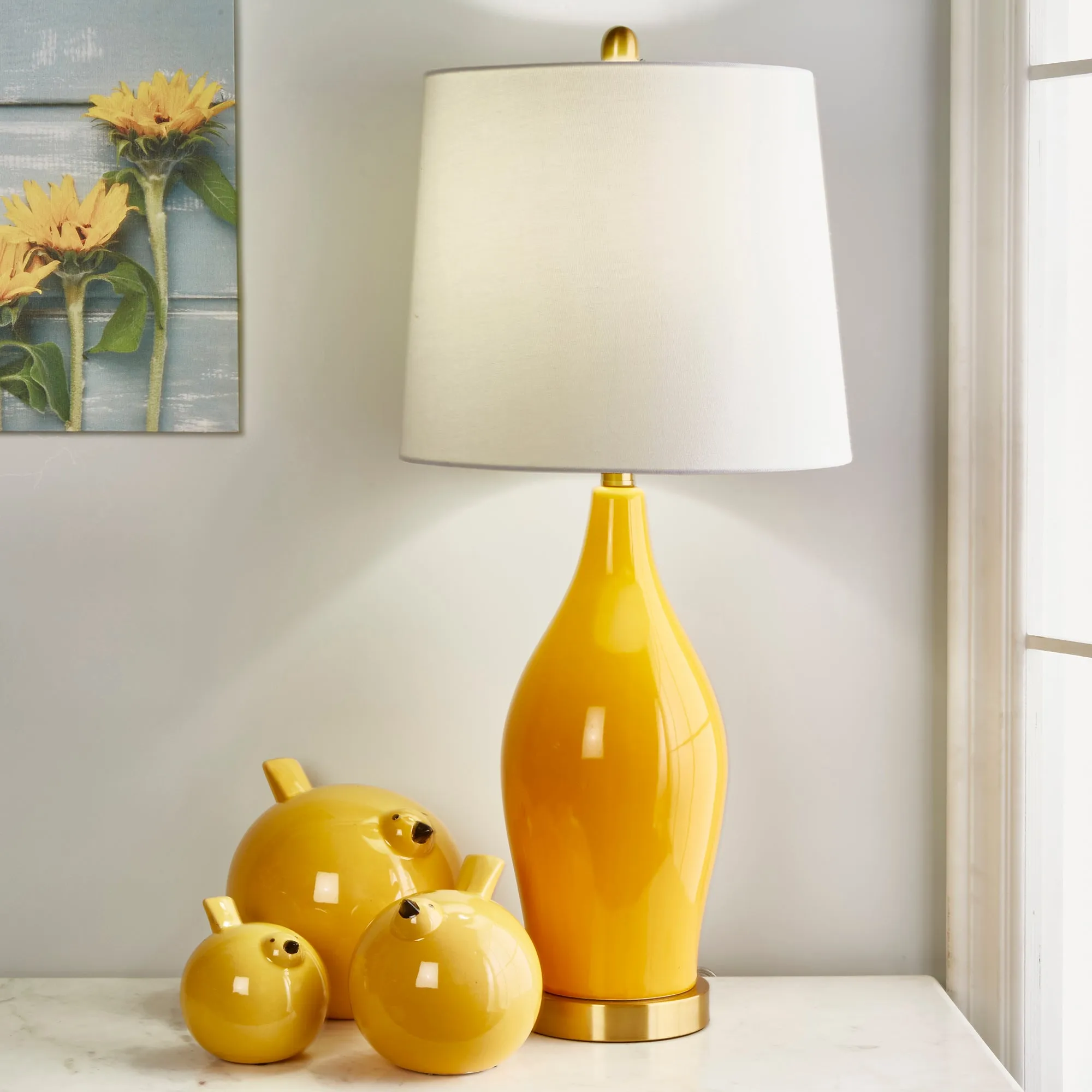 S/3 CERAMIC BIRDS 7.5", YELLOW