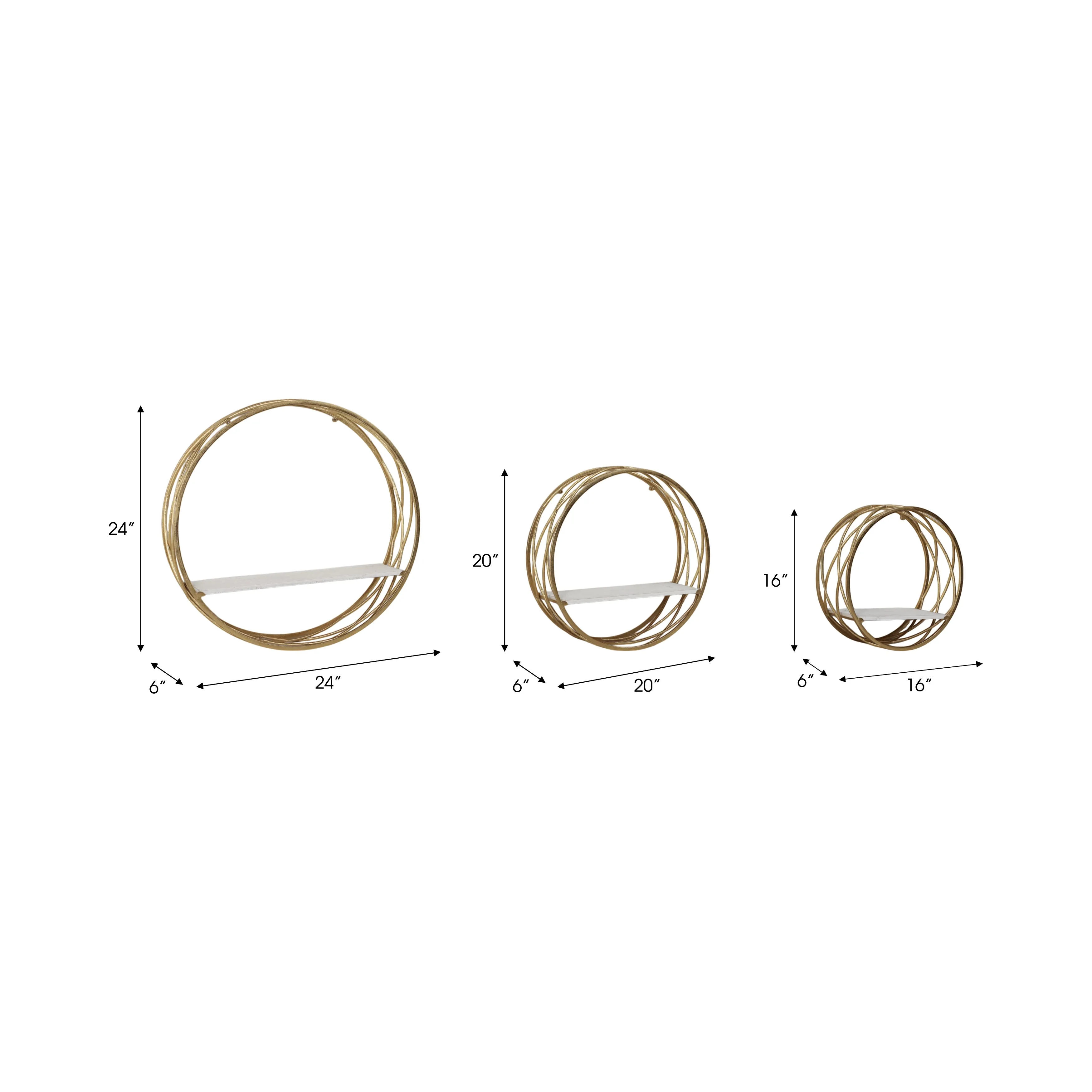 S/3 METAL ROUND WALL SHELVES,WHITE/GOLD