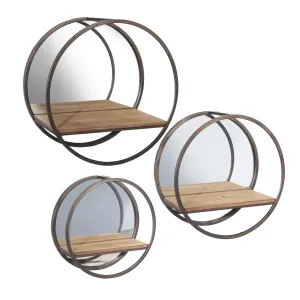 S/3 METAL/ WOOD WALL SHELVES W/ MIRRO