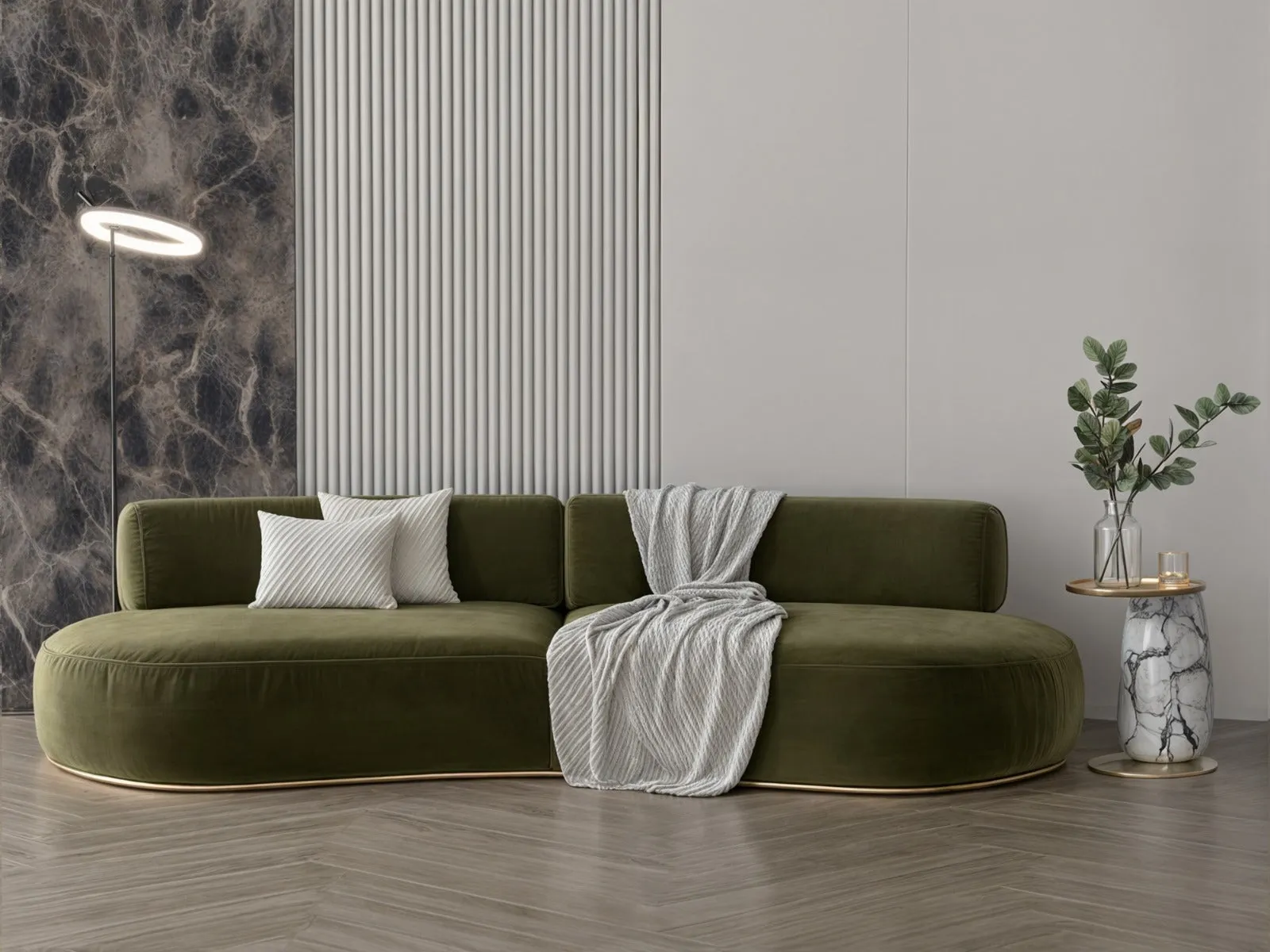 Sofa in olive color velvet fabric 250x85x40 cm