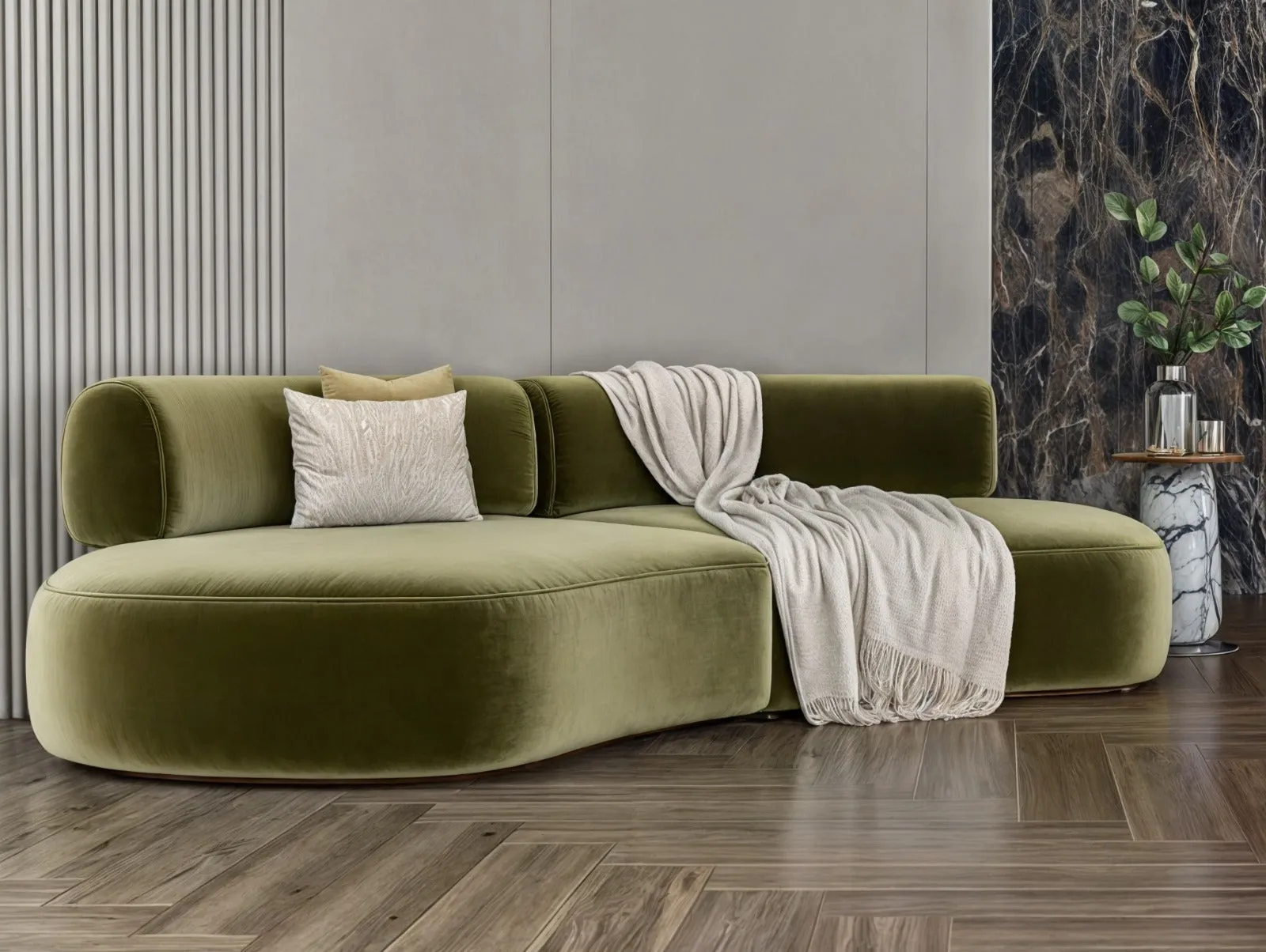 Sofa in olive color velvet fabric 250x85x40 cm