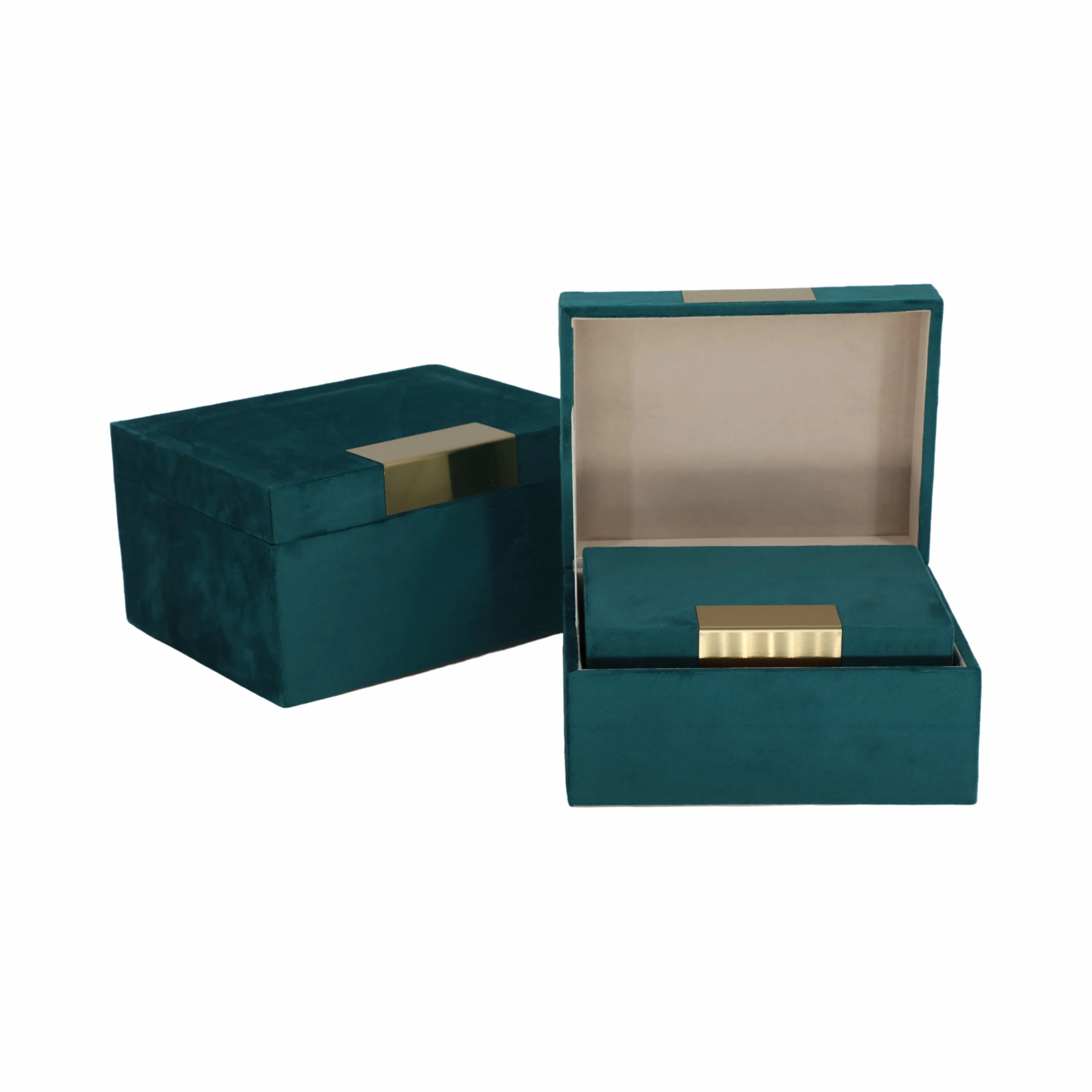 VELVET,S/3 7/8/9"L,JEWELRY BOXES,TEAL/GOLD