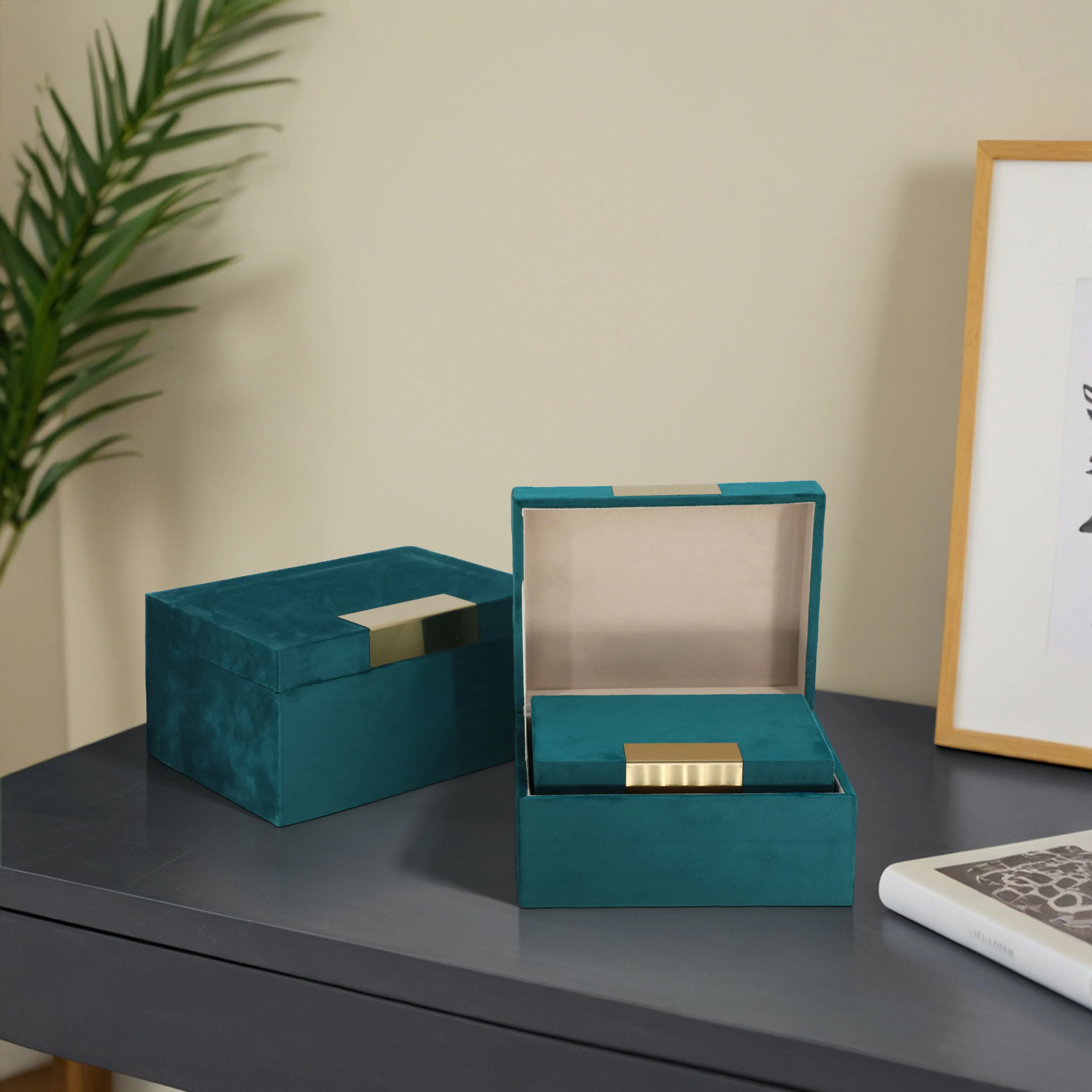 VELVET,S/3 7/8/9"L,JEWELRY BOXES,TEAL/GOLD
