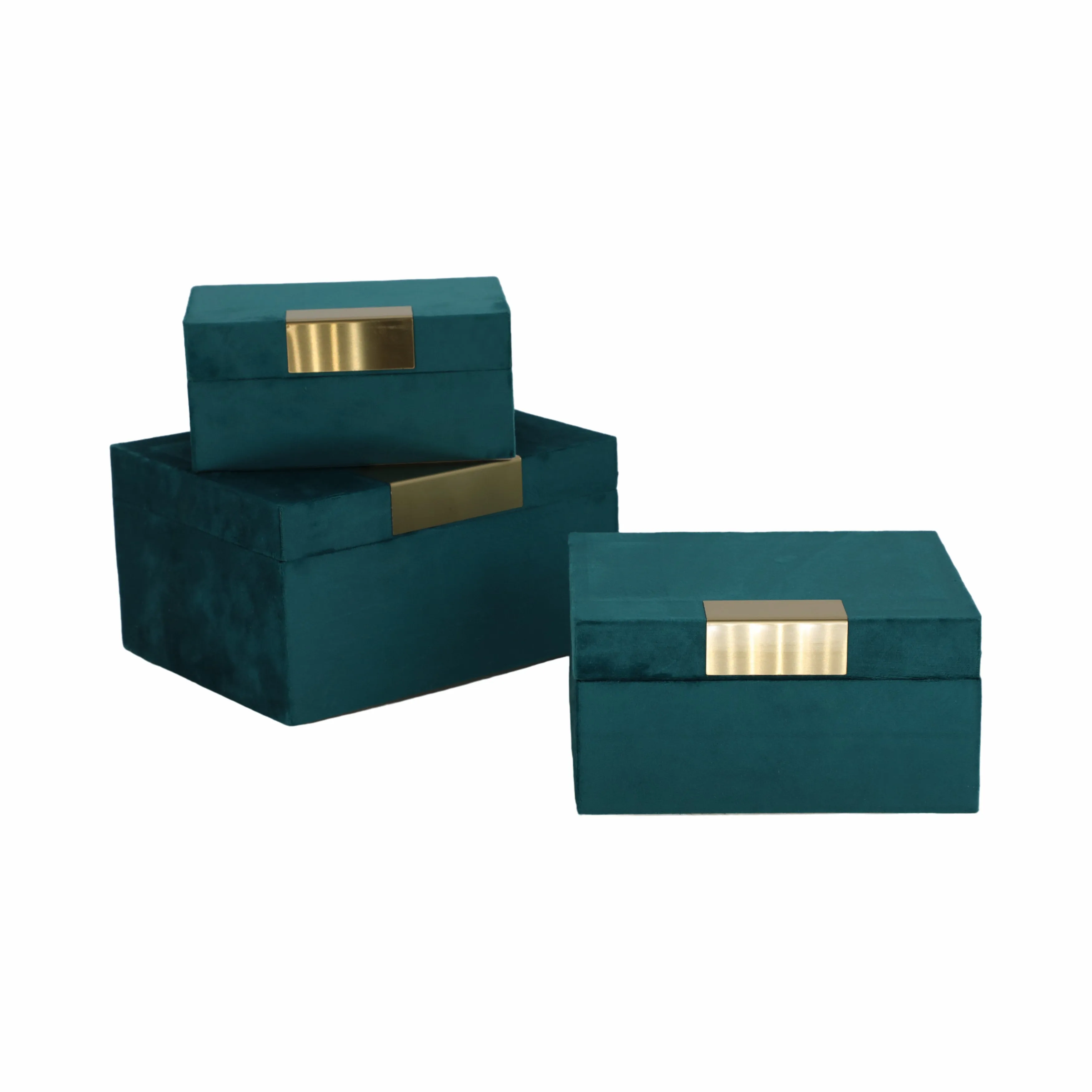 VELVET,S/3 7/8/9"L,JEWELRY BOXES,TEAL/GOLD