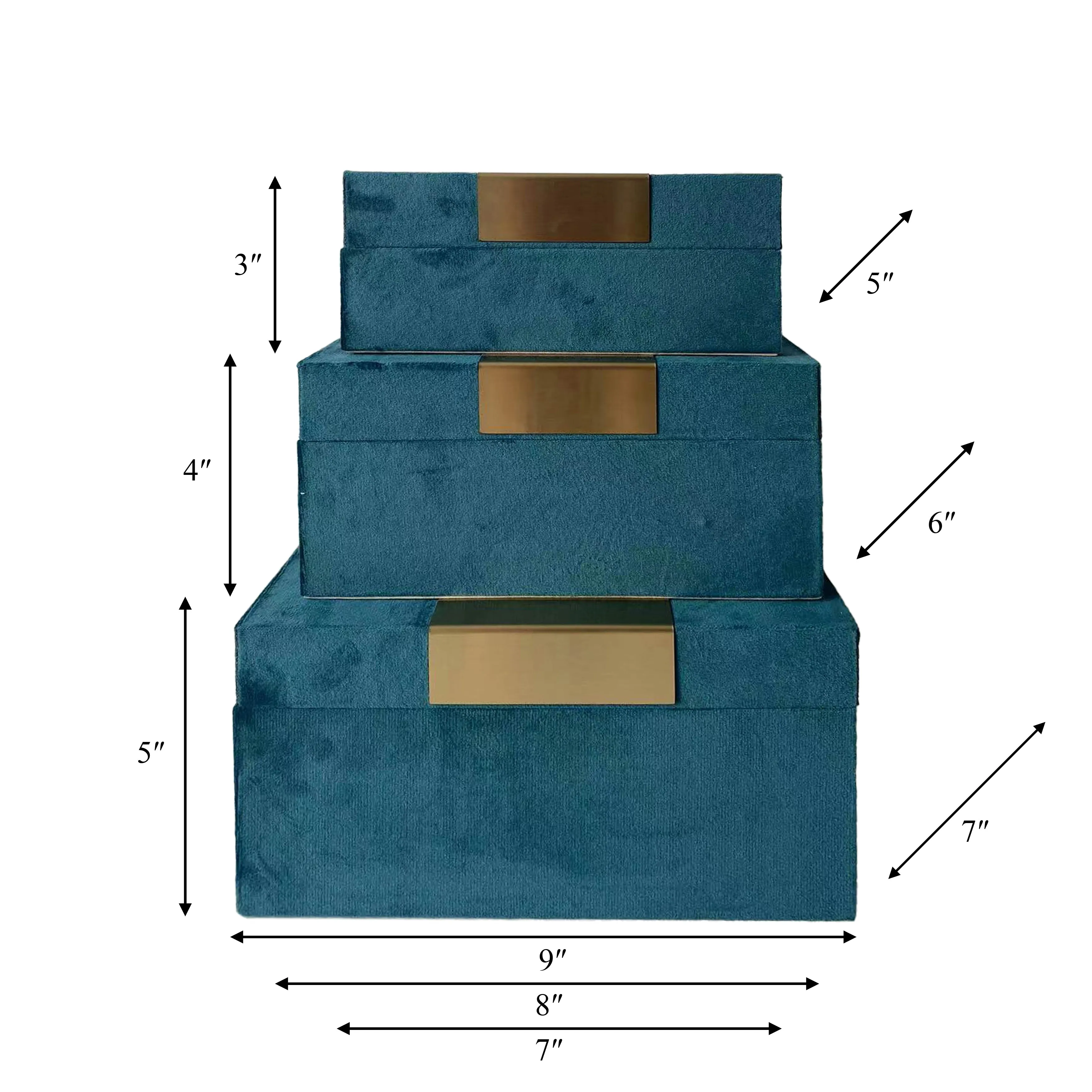 VELVET,S/3 7/8/9"L,JEWELRY BOXES,TEAL/GOLD
