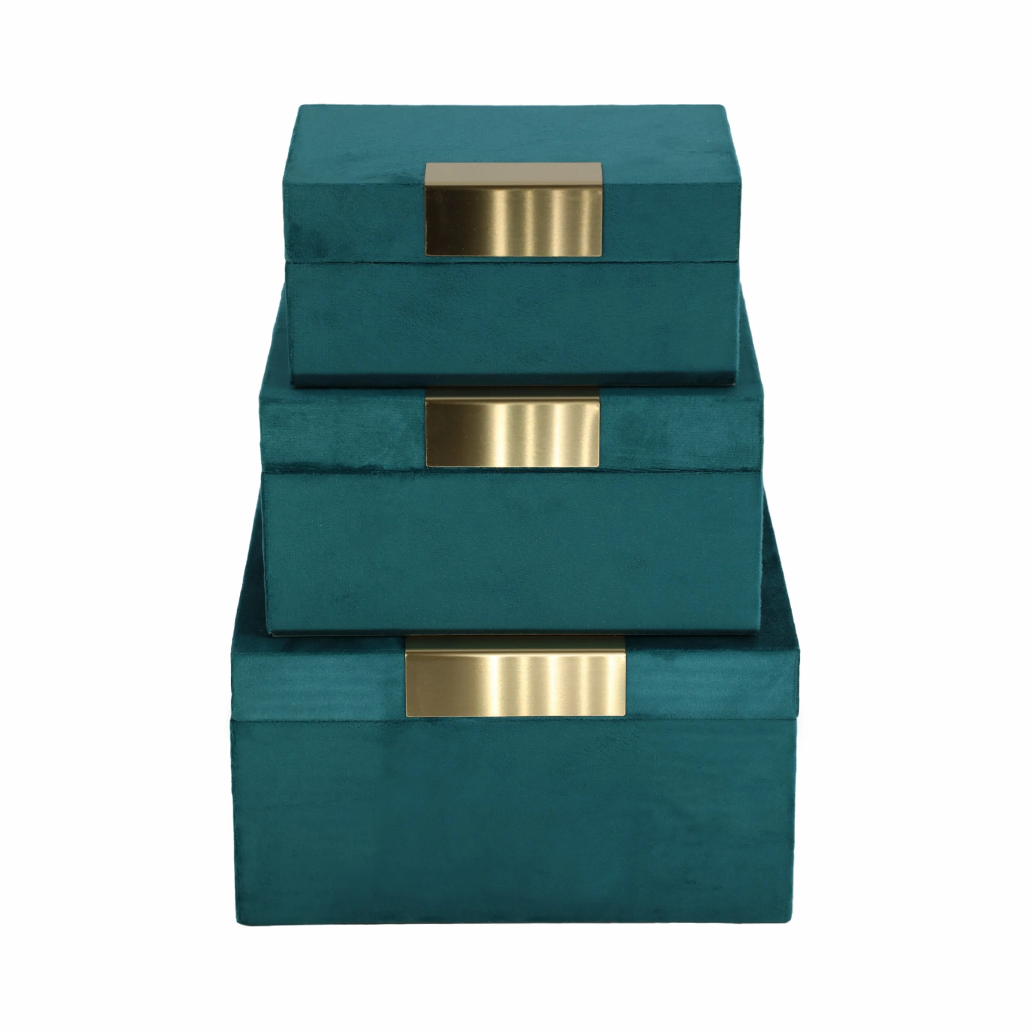 VELVET,S/3 7/8/9"L,JEWELRY BOXES,TEAL/GOLD