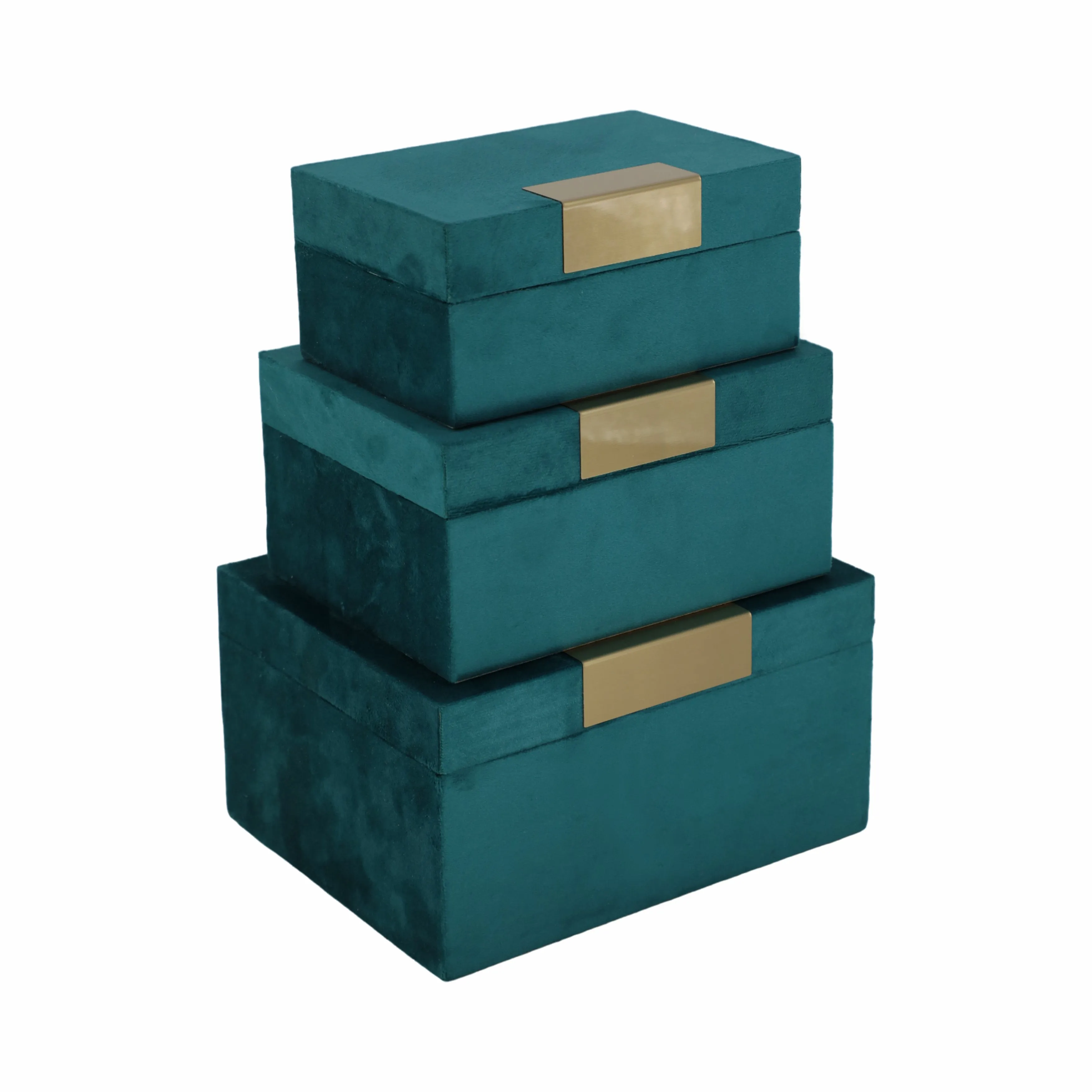 VELVET,S/3 7/8/9"L,JEWELRY BOXES,TEAL/GOLD