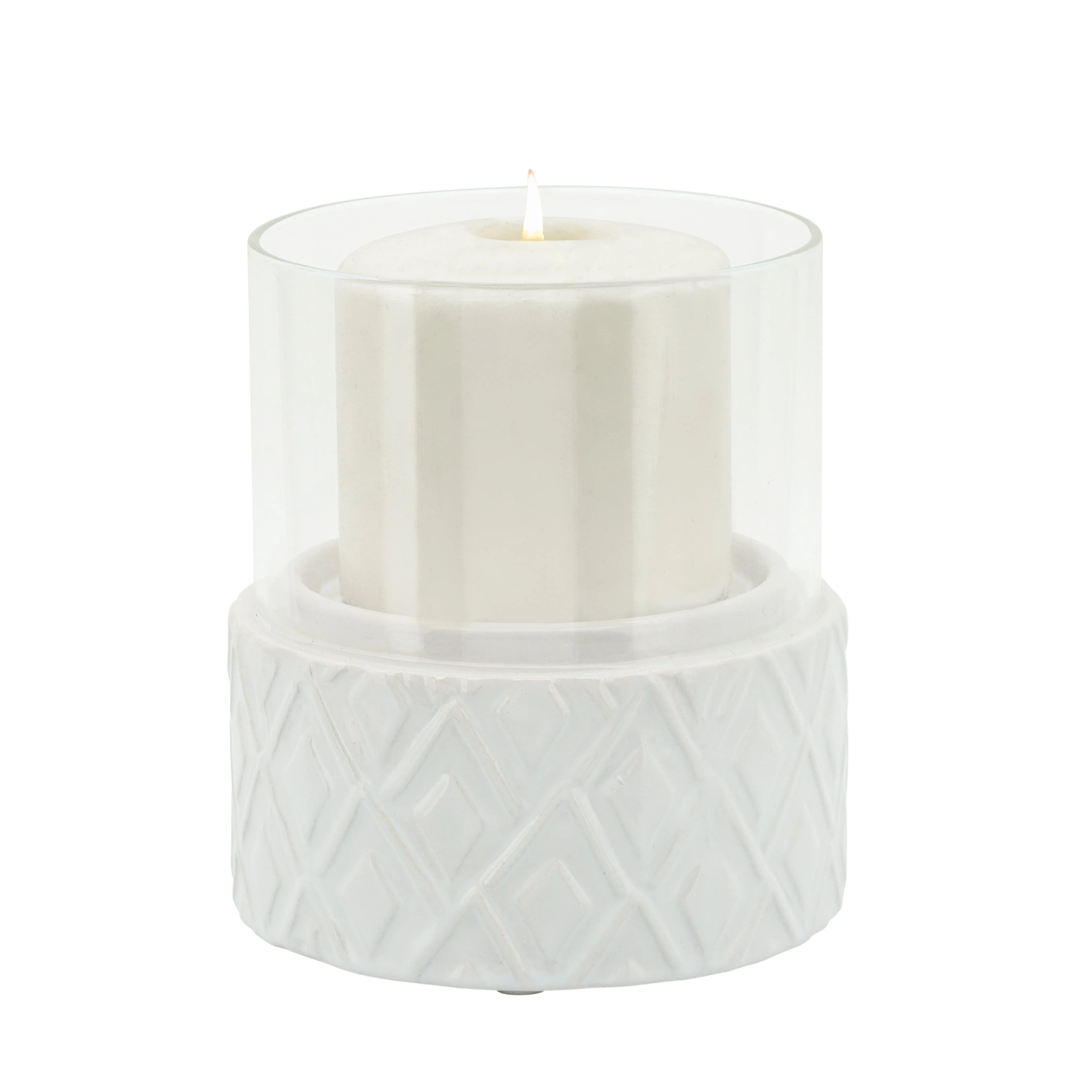WHITE CERAMIC /GLASS 5" PILLAR HOLDER, DIAMOND